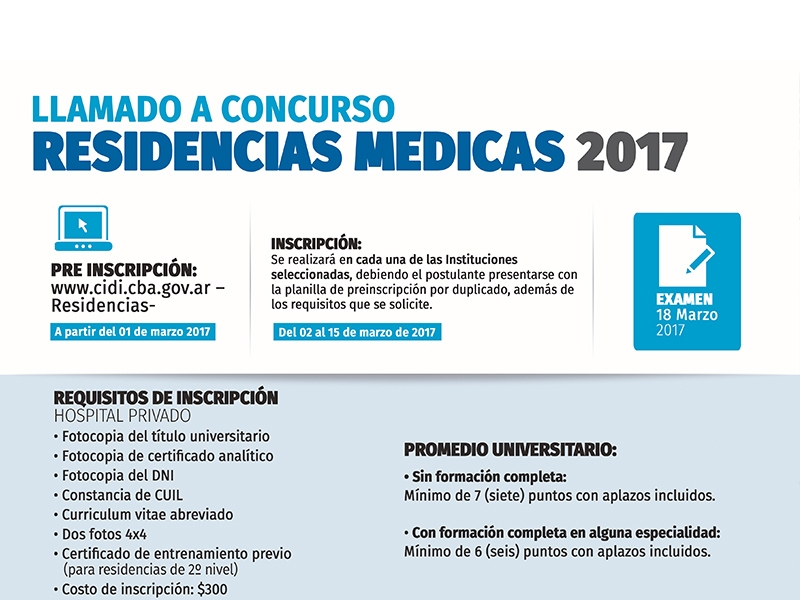 Llamado a Concurso Residencias Médicas 2017 - Hospital Privado Cordoba